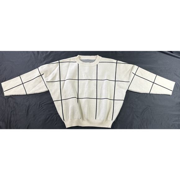Chicwish Wool Blend Windowpane Grid Sweater Cream Black Boxy Pullover M/L - Picture 2 of 8